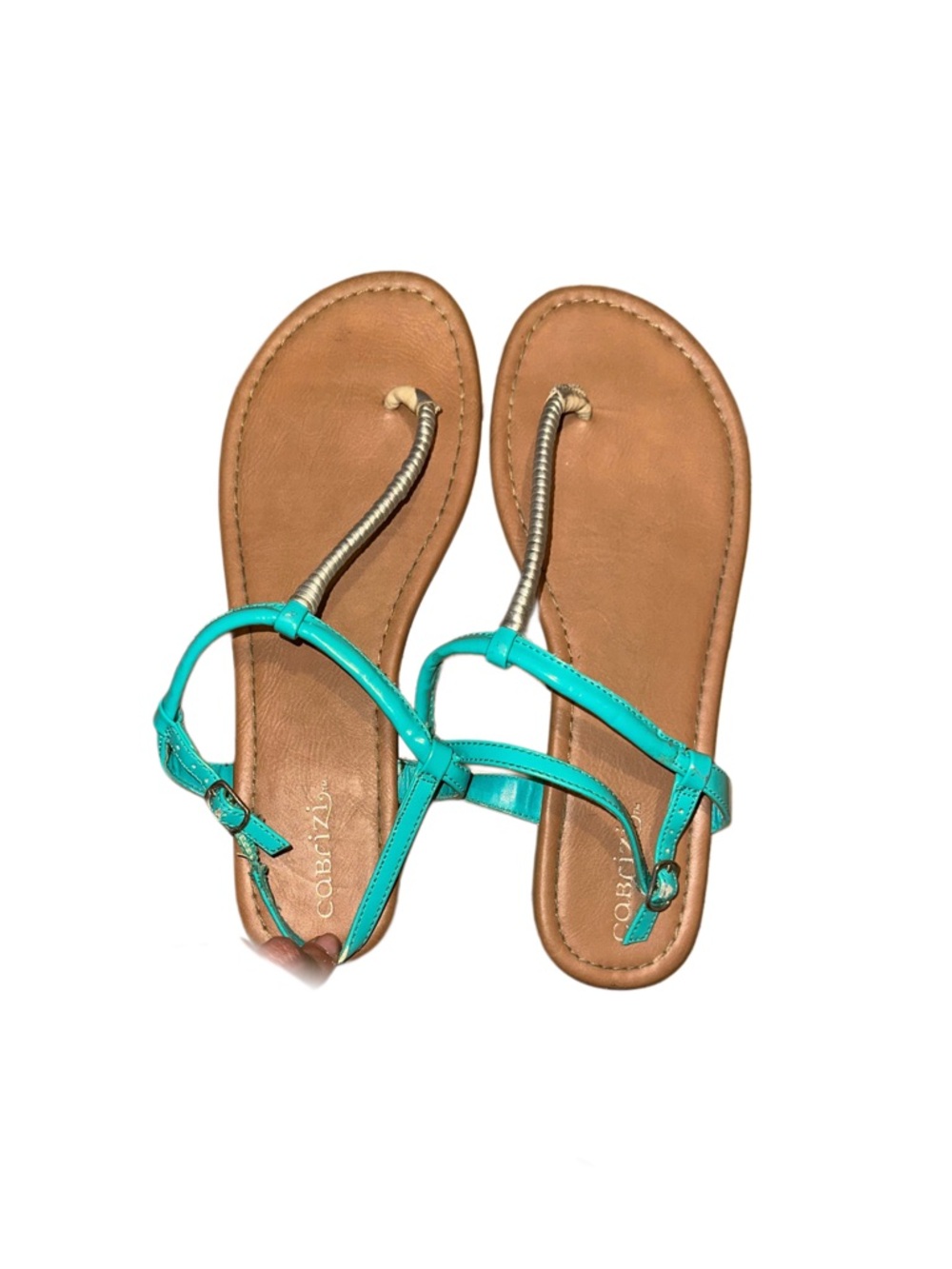 Cabrizi Teal Leather T-Strap Sandals for Women